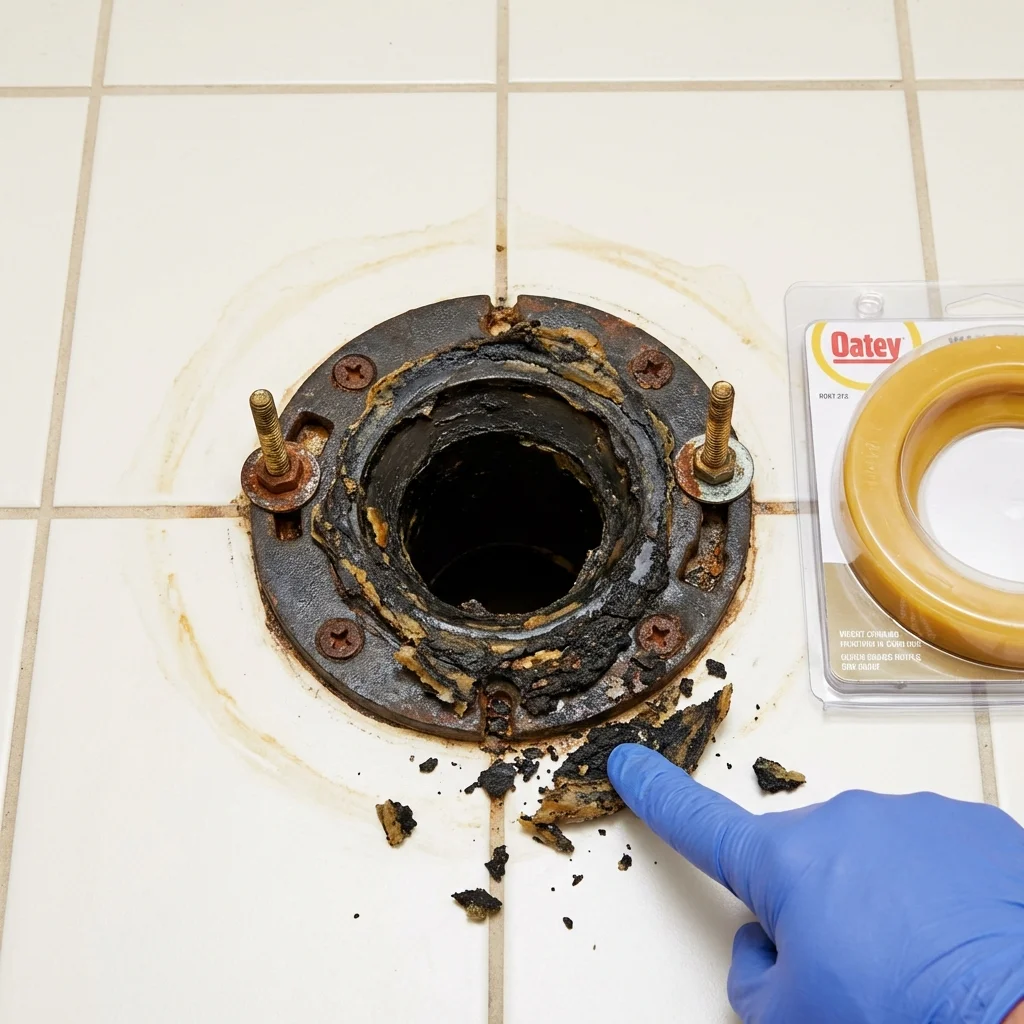 Failed wax ring showing water seepage at the base of a toilet in a Bloomfield, MO home