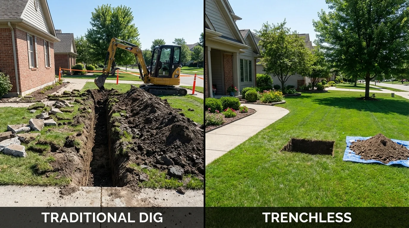 Trenchless sewer repair with minimal yard damage versus traditional excavation in Bloomfield, MO